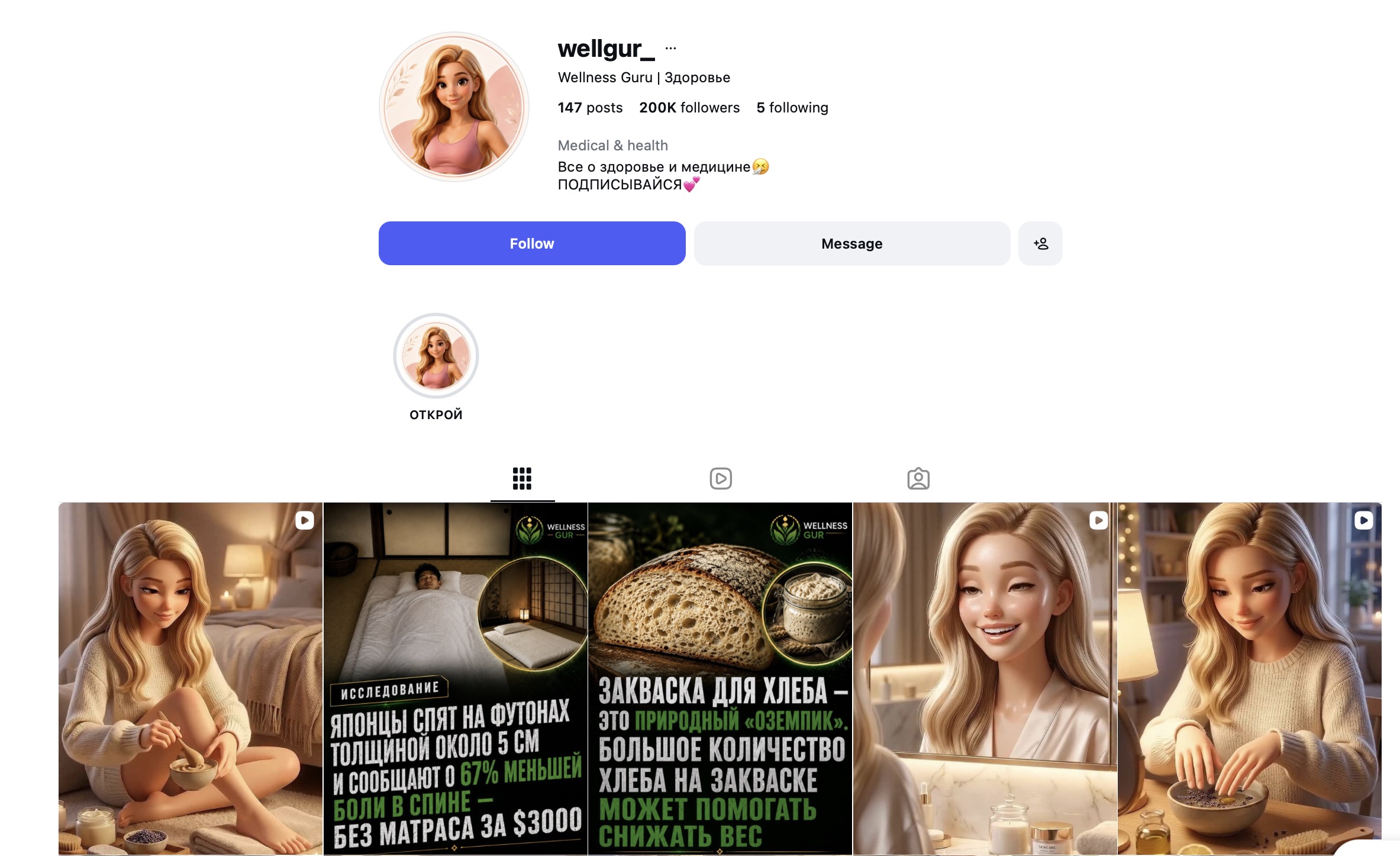 Скриншот Instagram-профиля wellgur_ — AI-персонаж Wellness Guru, 200K подписчиков, 147 постов, лента из нейросетевых материалов про здоровье
